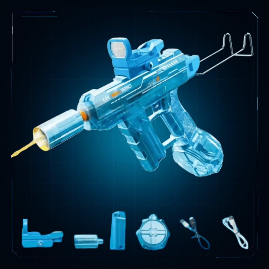HydroBlitz UZI – Pistola d’Acqua Automatica con Silenziatore Luminoso e Caricatore a Tamburo - | HydroBlitz